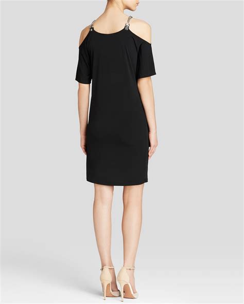 michael kors black cold shoulder dress|Michael Kors black studded dress.